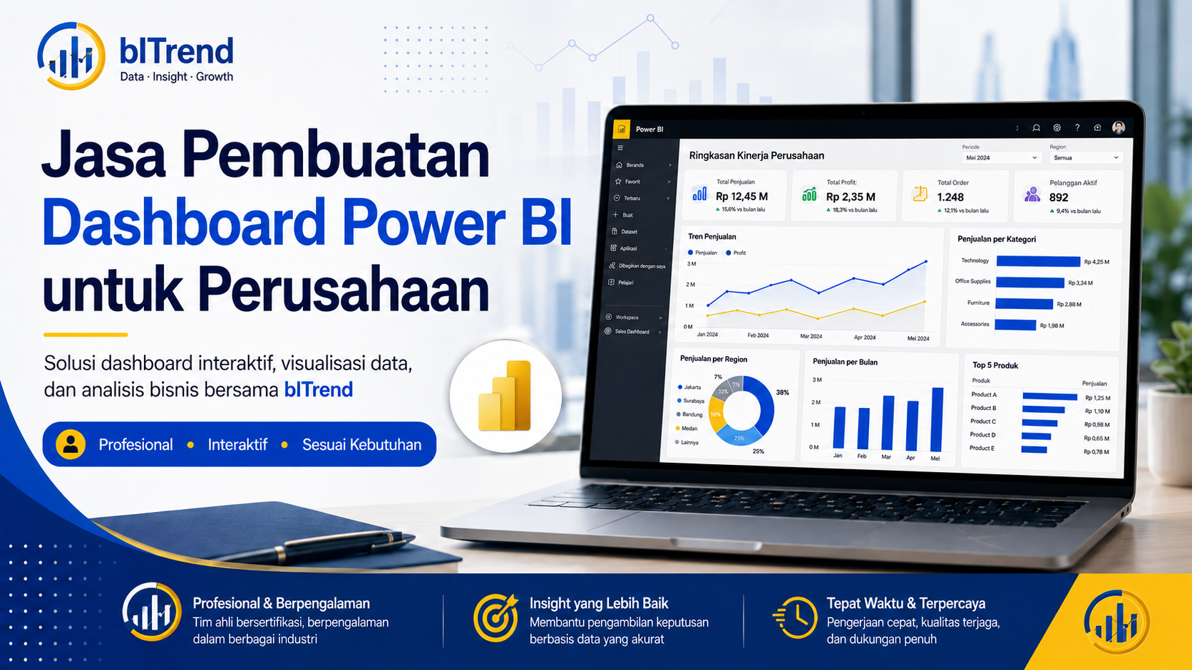 Layanan pembuatan Dashboard Power BI untuk membantu perusahaan memantau KPI dan menganalisis data bisnis.