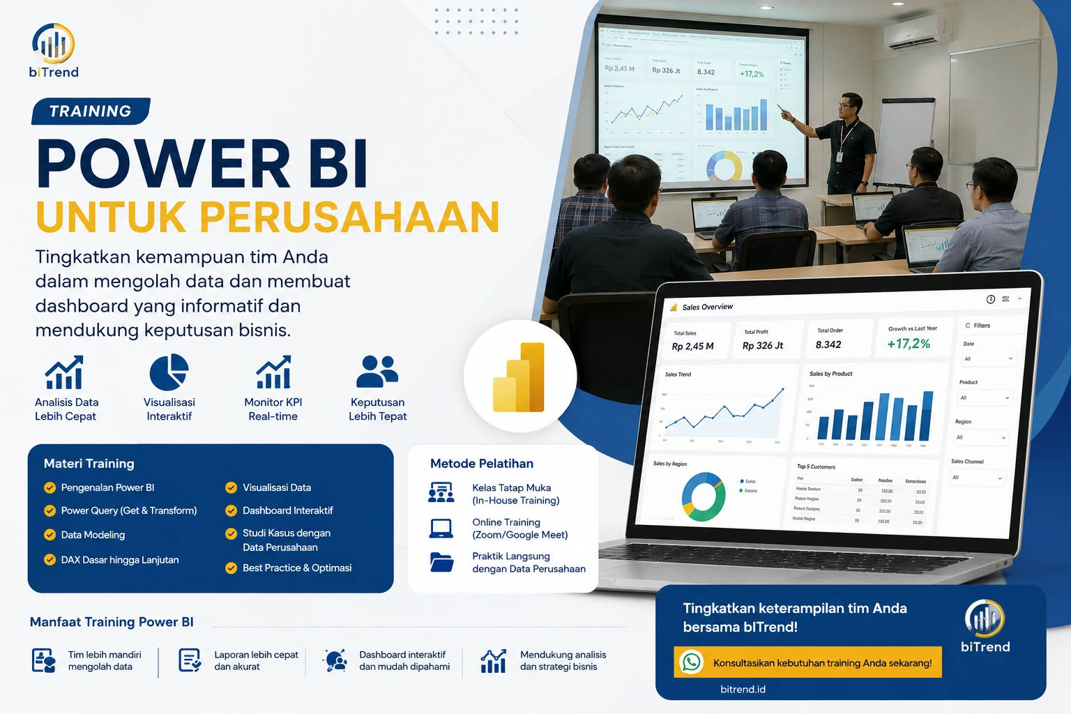 Training Power BI untuk membantu karyawan perusahaan meningkatkan kemampuan mengolah data dan membuat dashboard interaktif.